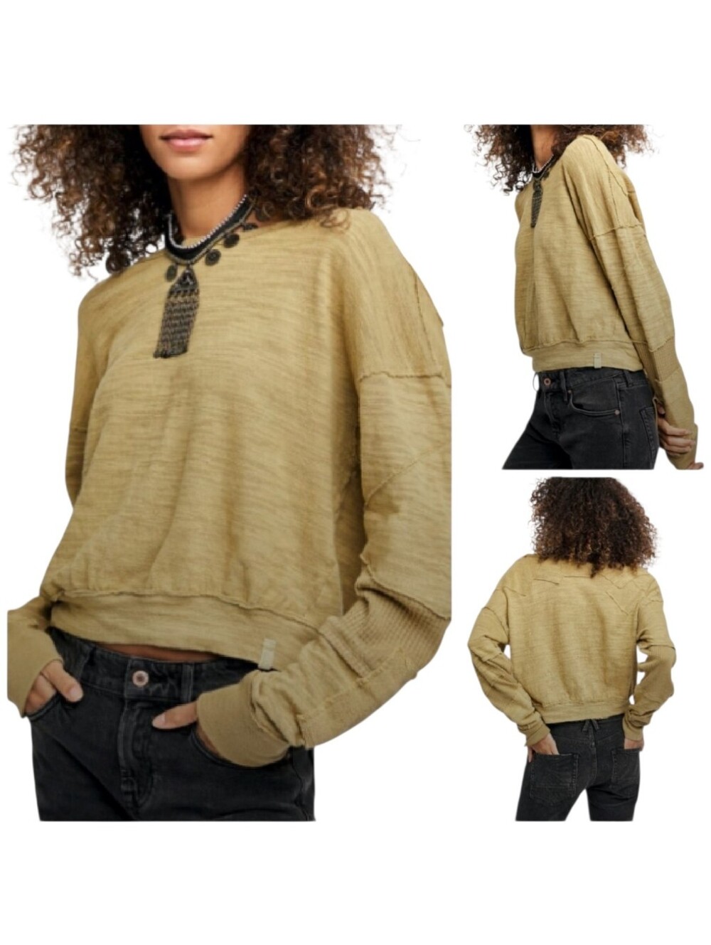 We The Free 5 Star Golden Patchwork Long Sleeve Knit Top In S